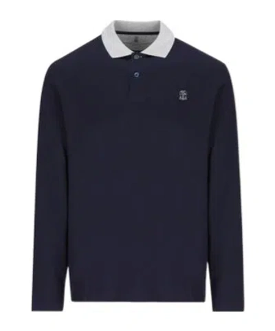 Brunello Cucinelli Logo Embroidered Long-sleeved Polo Shirt In Blue