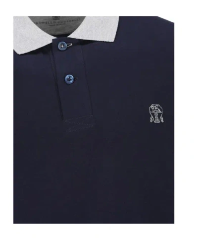 Brunello Cucinelli Logo Embroidered Long-sleeved Polo Shirt In Blue