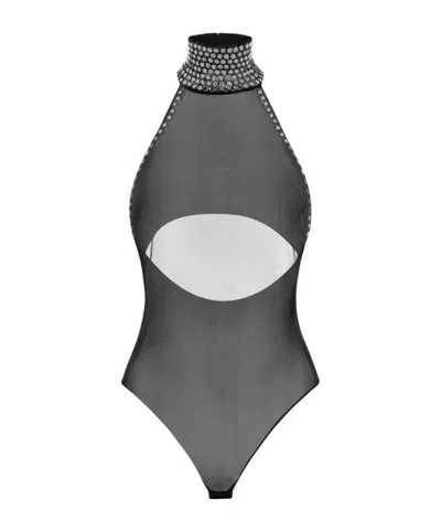 Oseree Crystal Turtleneck Bodysuit In Gray