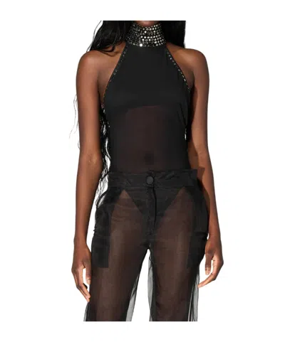 Oseree Crystal Turtleneck Bodysuit In Gray