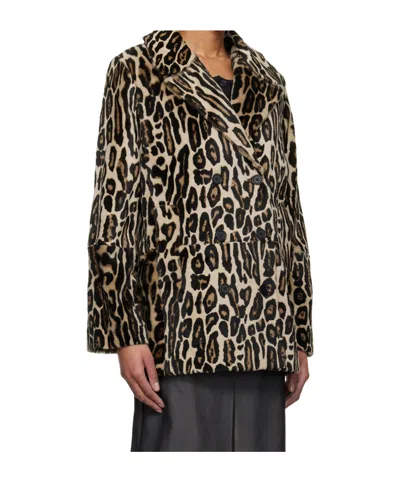 Re/done Leopard Shearling Peacoat In Black