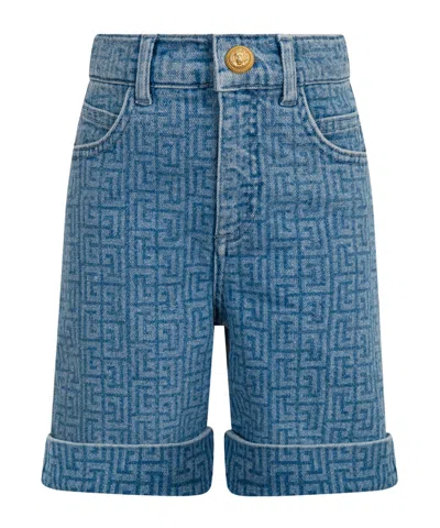 Balmain Kids Logo Printed Denim Shorts In Blue