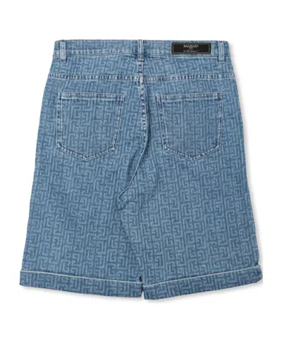 Balmain Kids Logo Printed Denim Shorts In Blue