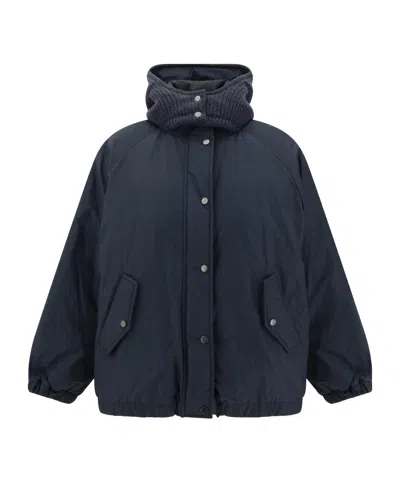 Brunello Cucinelli Women Knitted Hooded Down Jacket In Blue