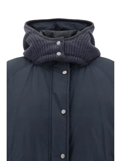 Brunello Cucinelli Women Knitted Hooded Down Jacket In Blue