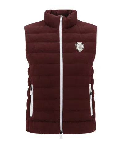 Brunello Cucinelli Bordeaux Sleeveless Down Jacket With Logo Patch On The Front In Purple
