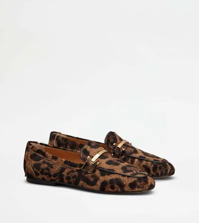 Tod's Brown Loafers With Logo Plaque On The Front And All-over Leopard Motif In Suede Woman In Animal Print