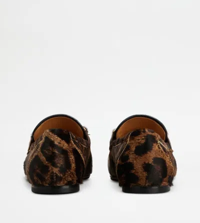 Tod's Brown Loafers With Logo Plaque On The Front And All-over Leopard Motif In Suede Woman In Animal Print