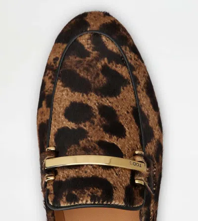 Tod's Brown Loafers With Logo Plaque On The Front And All-over Leopard Motif In Suede Woman In Animal Print