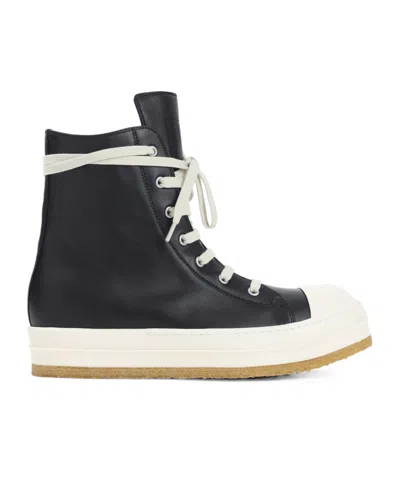 Rick Owens High-top Leather Sneakers With Rubber Toe Cap In Black