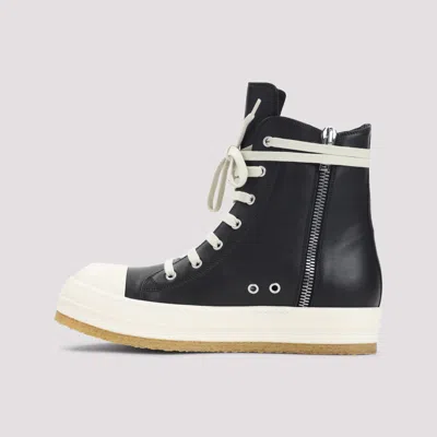 Rick Owens High-top Leather Sneakers With Rubber Toe Cap In Black
