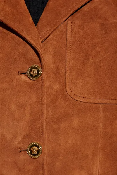 Versace Long Sleeve Leather Jacket In Brown