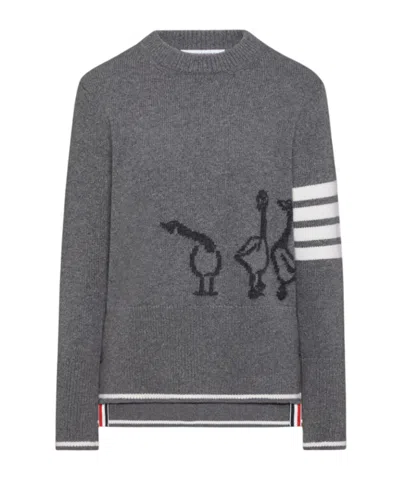 Thom Browne Geese Intarsia Boxy Virgin Wool Crewneck Sweater In Gray