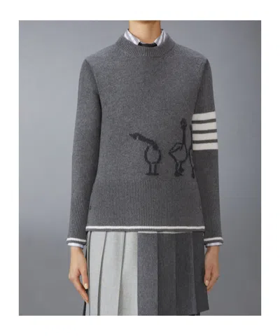 Thom Browne Geese Intarsia Boxy Virgin Wool Crewneck Sweater In Gray
