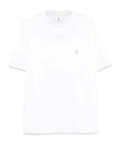 Brunello Cucinelli Men Cotton Jersey Crew-neck T-shirt With Logo And Faux-layering In White
