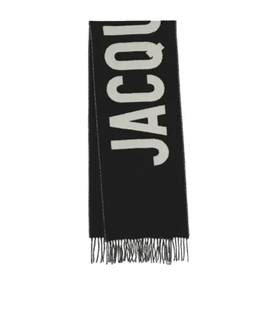 Jacquemus Fringe Logo Scarf In Black