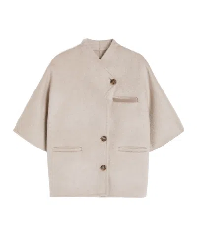 Max Mara Stand Collar Long Cropped Cape In Neutral