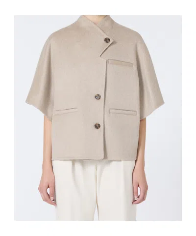 Max Mara Stand Collar Long Cropped Cape In Neutral