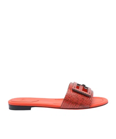 Fendi Leather Flat Sole Slides With Metal Embellishment In Red