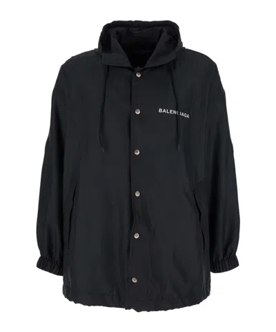 Balenciaga Hooded Raincoat With Drawstring And Pockets In Black