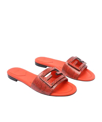 Fendi Leather Flat Sole Slides With Metal Embellishment In Red
