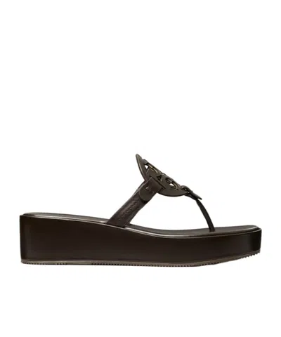Tory Burch Wedge Thong Sandals Featuring Stud Detail In Brown
