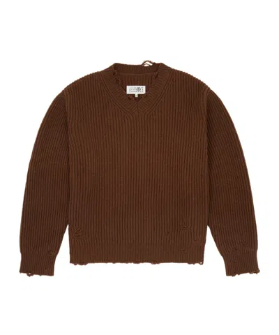 Mm6 Maison Margiela Mm6 V-neck Sweater Brown Melange