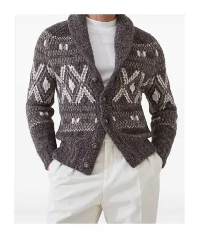 Brunello Cucinelli Wool Cardigan V-neck Geometric Pattern In Gray