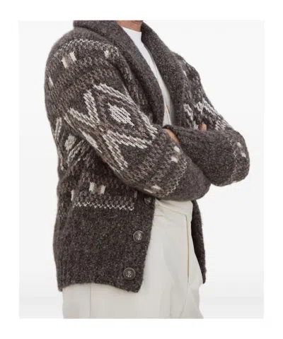 Brunello Cucinelli Wool Cardigan V-neck Geometric Pattern In Gray