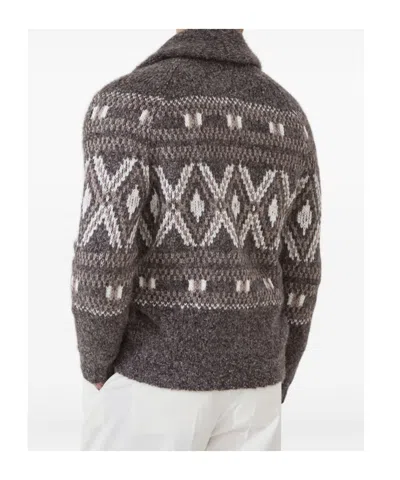 Brunello Cucinelli Wool Cardigan V-neck Geometric Pattern In Gray
