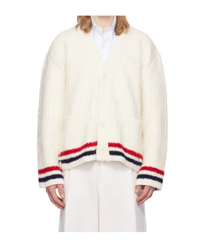 Thom Browne Ribbed Knit Rwb Stripe Cardigan In White
