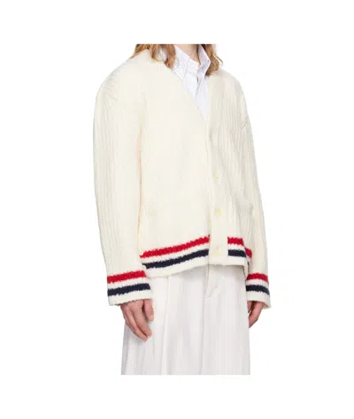 Thom Browne Ribbed Knit Rwb Stripe Cardigan In White