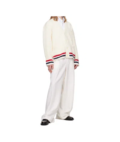 Thom Browne Ribbed Knit Rwb Stripe Cardigan In White