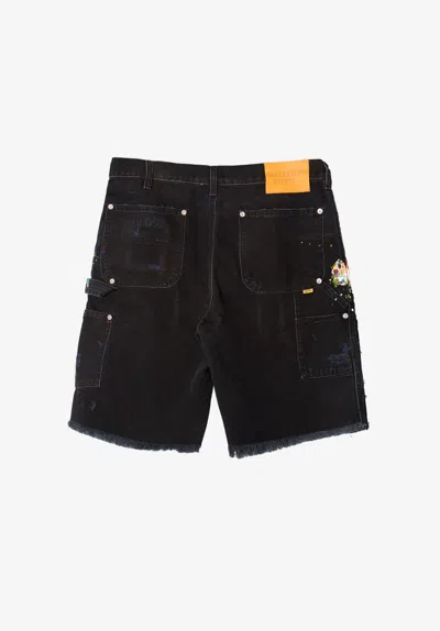 Gallery Dept. Paint-splatter Frayed Cargo Shorts In Black