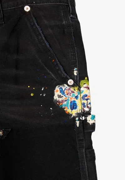 Gallery Dept. Paint-splatter Frayed Cargo Shorts In Black