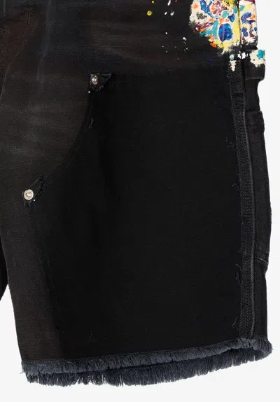 Gallery Dept. Paint-splatter Frayed Cargo Shorts In Black