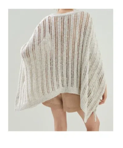Brunello Cucinelli Ribbed Open Knit Poncho In Neutral