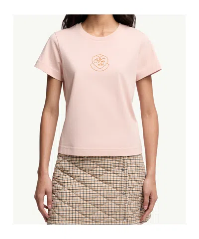 Moncler Embroidered Heart Logo Cotton T-shirt In Pink