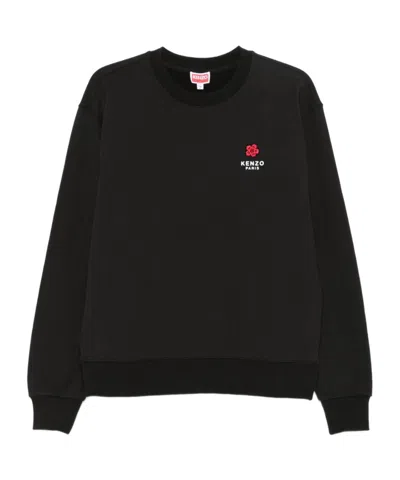 Kenzo Black Sweatshirt In Light Fllece With Broke Flower Embroidery To The Chest  Man In Black