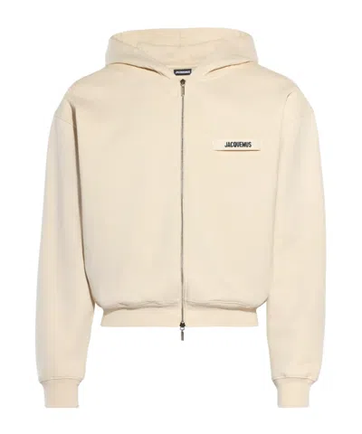 Jacquemus Grosgrain-trimmed Zippered Hoodie With Logo Detail In Nude
