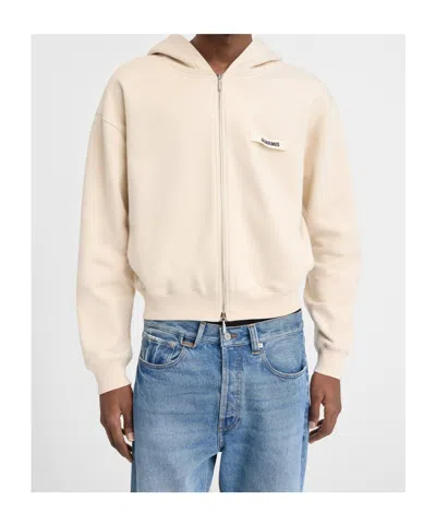 Jacquemus Grosgrain-trimmed Zippered Hoodie With Logo Detail In Nude