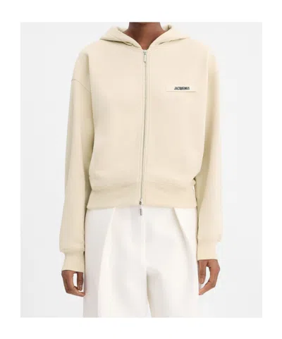 Jacquemus Grosgrain-trimmed Zippered Hoodie With Logo Detail In Nude
