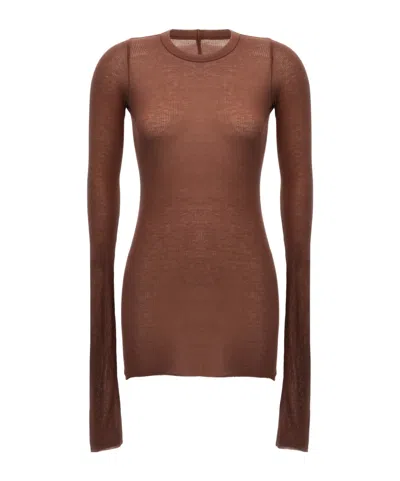 Rick Owens Ribbed Crew Neck Sheer Long Sleeve Top In Burgundy
