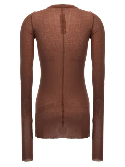 Rick Owens Ribbed Crew Neck Sheer Long Sleeve Top In Burgundy