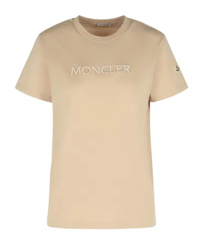 Moncler Ribbed Neutrals Cotton T-shirt With Embossed Logo Details In Neutral