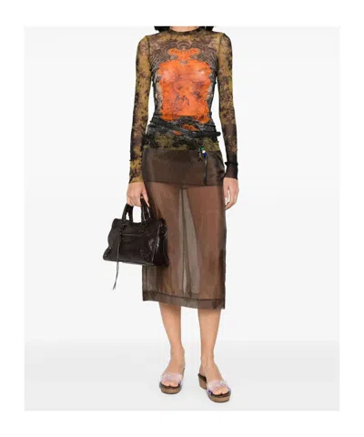Jean Paul Gaultier Graphic Print Sheer Fabric Tops In Multi
