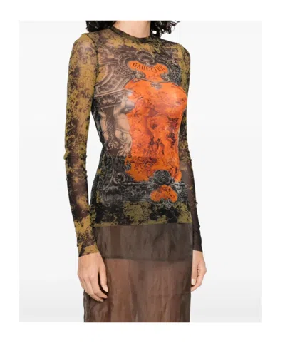 Jean Paul Gaultier Graphic Print Sheer Fabric Tops In Multi