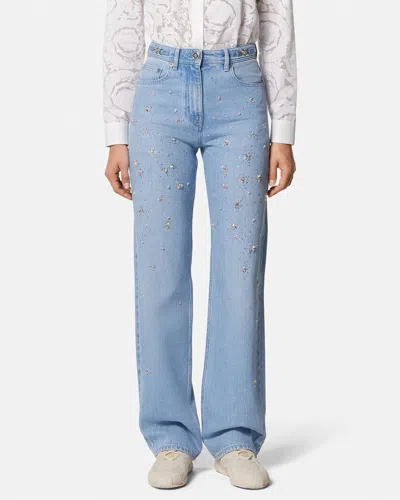 Versace Embellished High-waist Jeans In Blue