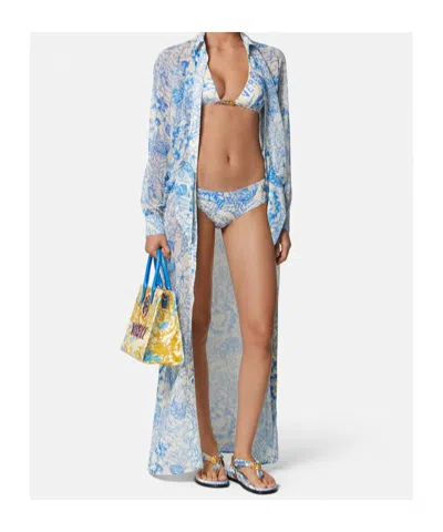 Versace Underwater Barocco Triangel-bikinitop In Blue