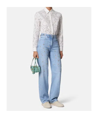 Versace Embellished High-waist Jeans In Blue